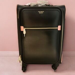 Victoria's Secret Signature Black Faux Leather Rolling Luggage Carry On Suitcase